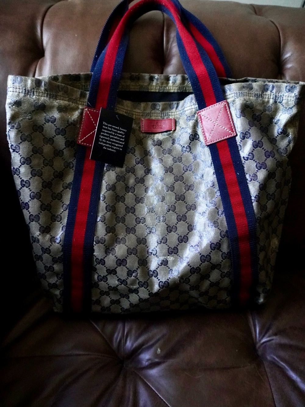 Vintage Gucci Monogram Tote with Red & Blue Straps